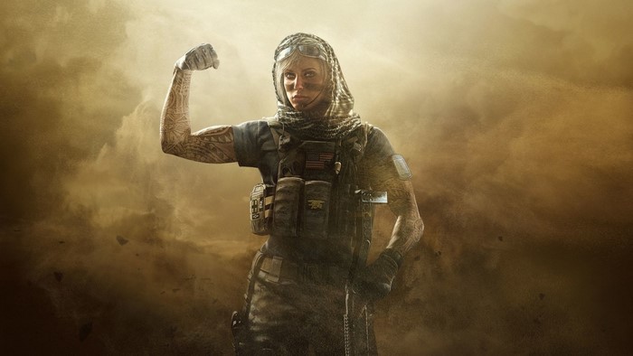 Valkyrie from Rainbow Six Siege flexing her arm