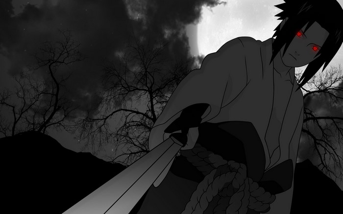 Sasuke Uchiha from Naruto Shippuden with red eyes holding a sword