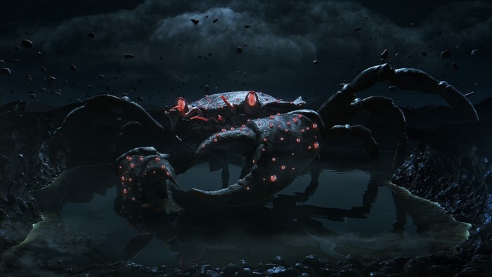 Giant crab with glowing red eyes in dark water