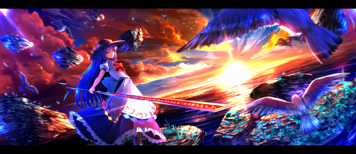 Tenshi Hinanawi from Touhou with sword and birds