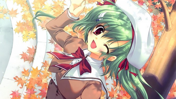 Anime girl with green hair and red eyes wearing a hat