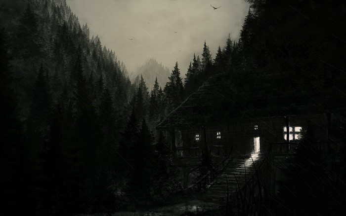 Dark cabin in a misty forest at dusk