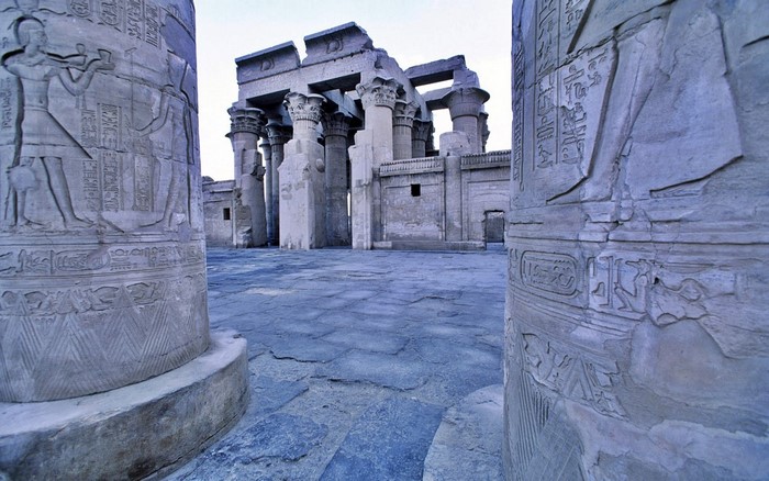 Ancient Egyptian Temple Columns with Hieroglyphs