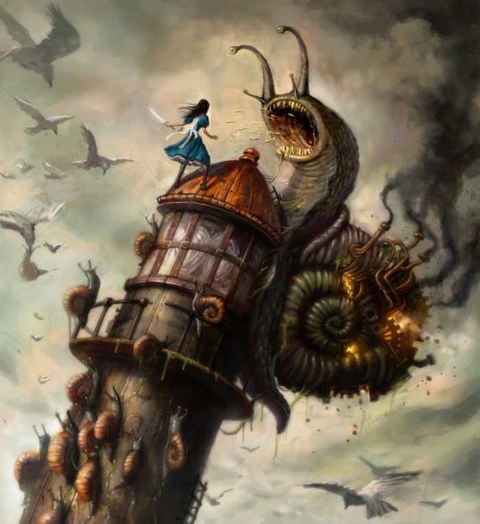Alice from Alice: Madness Returns fights a giant snail