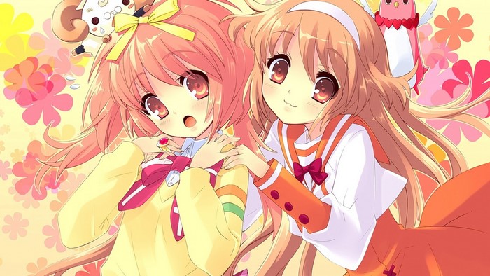 Two anime girls with pink and brown hair