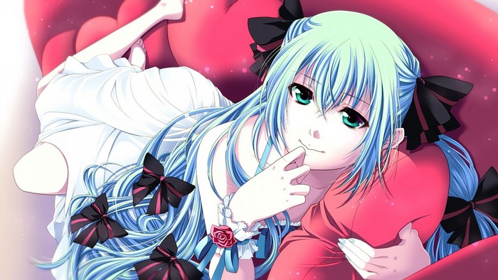 Anime girl with blue hair and aqua eyes
