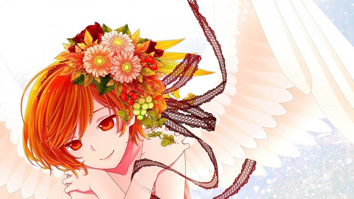 Anime girl with red hair and flower crown with wings