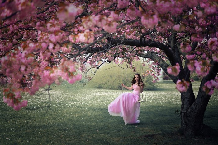 Woman on a swing under a cherry blossom tree