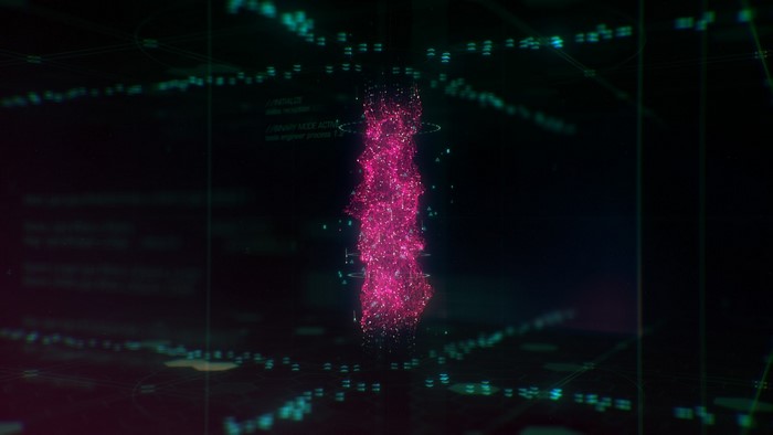Abstract pink digital energy vortex with data streams
