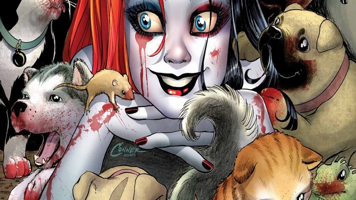 Harley Quinn surrounded by bloody animals