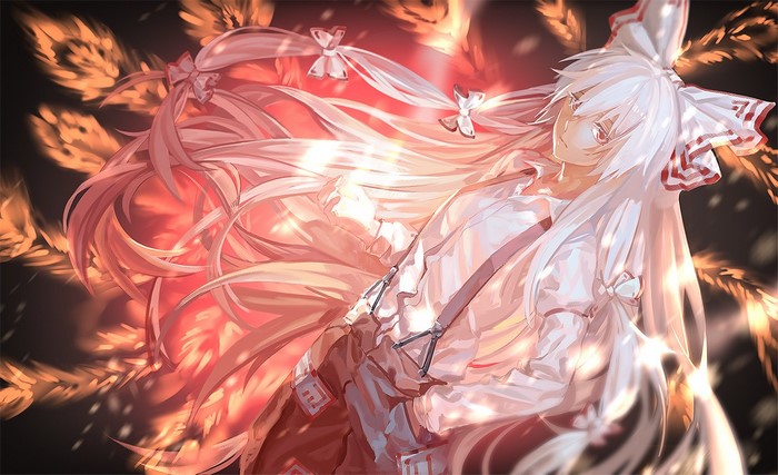 Fujiwara no Mokou from Touhou with white hair and red eyes