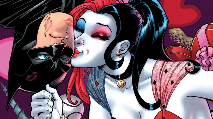 Harley Quinn kissing Batman from DC Comics