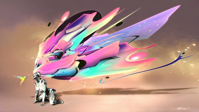 Robot and colorful abstract wing with a bird