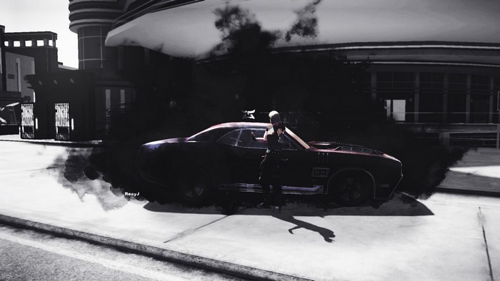 Character with sports car in black and white