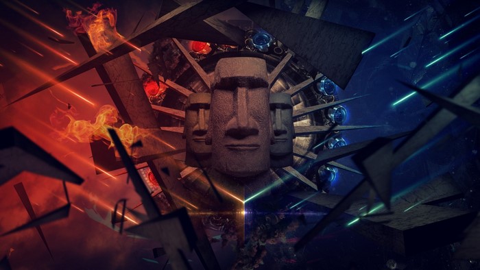 Moai statues in a cosmic, abstract machine with fire and light
