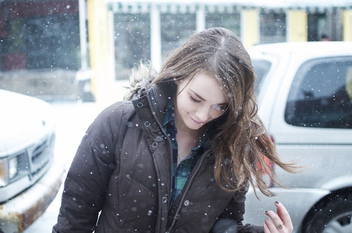 Woman in a brown coat in the snow