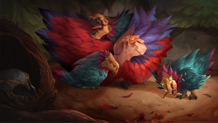 Three bird-like creatures from League of Legends in a cave