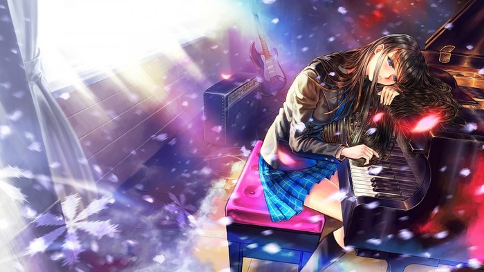 Anime girl with long hair playing piano