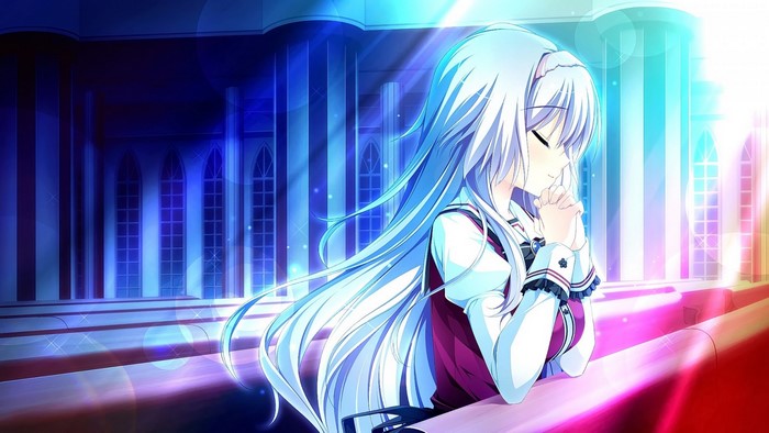 Anime girl with long white hair praying