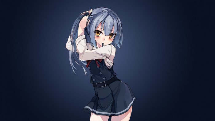 Anime girl in school uniform with blue hair and yellow eyes