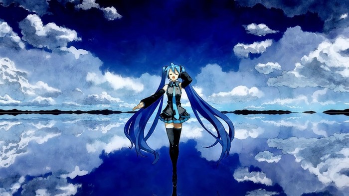 Hatsune Miku reflected in water under a cloudy sky