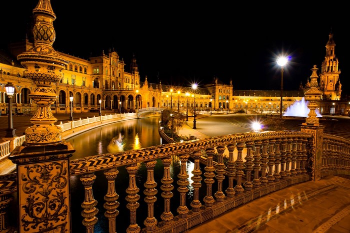 Plaza de España at night, Seville, Spain