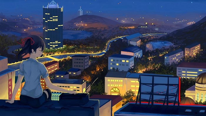 Anime girl sitting on a rooftop overlooking a city at night
