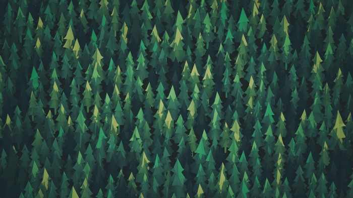 A dense forest of stylized green pine trees