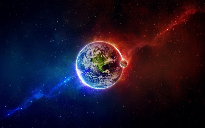 Earth and Moon in a colorful nebula