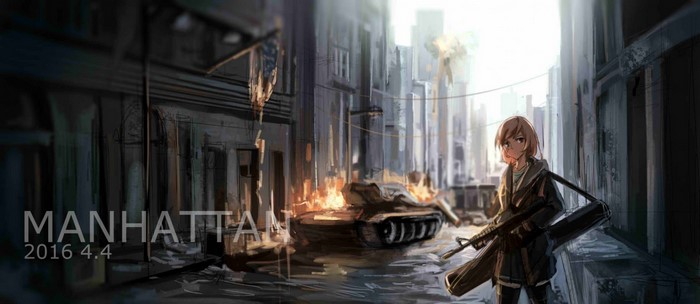 Anime girl with M4A1 in destroyed Manhattan