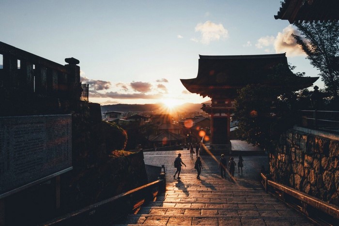 Sunset over Kiyomizu-dera Temple stairs in Kyoto