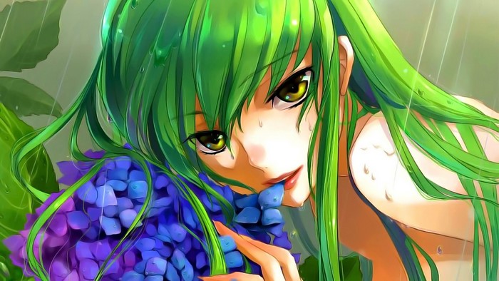 C.C. from Code Geass with green hair and flowers