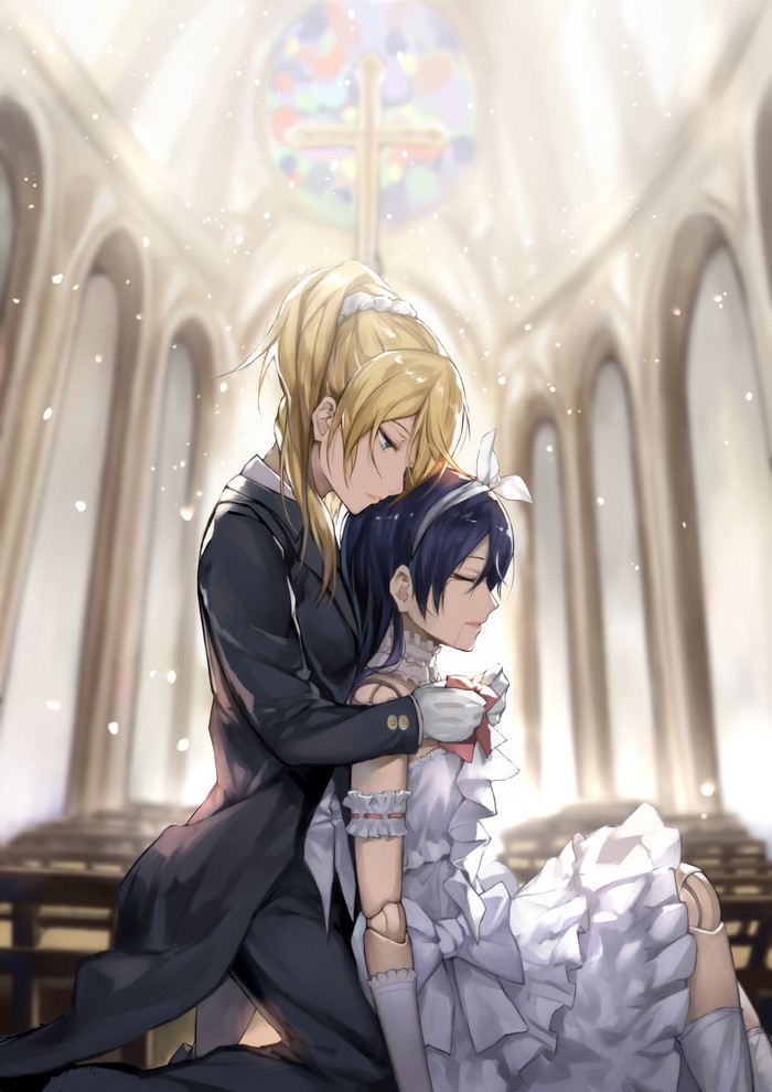 Ayase Eli and Sonoda Umi from Love Live in a church