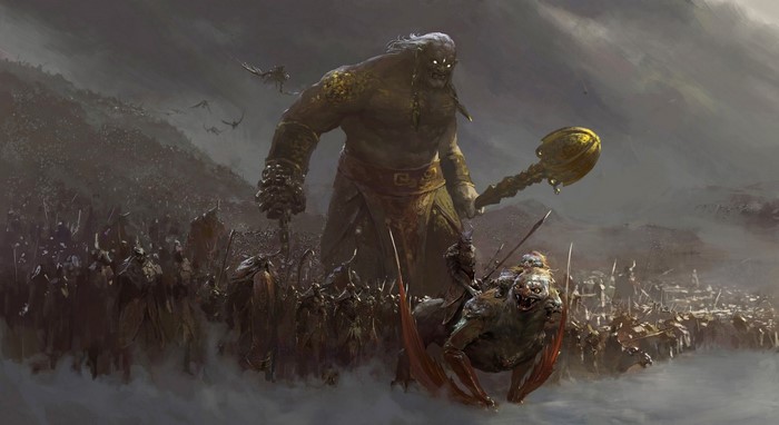 Giant leading an army of creatures and soldiers