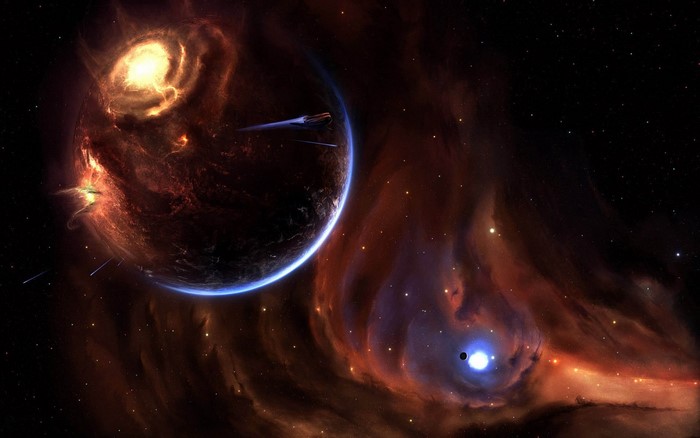 Spaceships near a burning planet and nebula