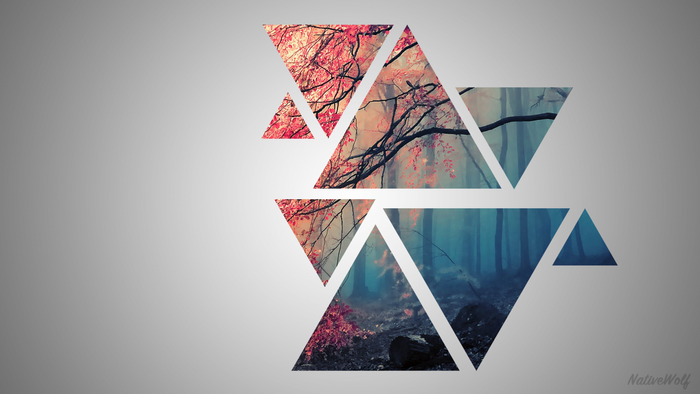 Geometric forest landscape with pink and blue tones