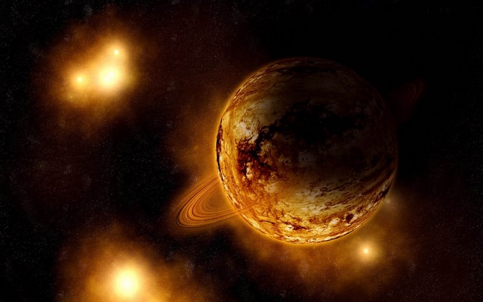 Planet with rings in outer space with nebulae