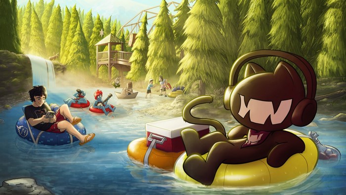 Monstercat characters tubing down a river with a waterfall