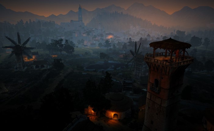Black Desert Online landscape at dawn with windmills and tower