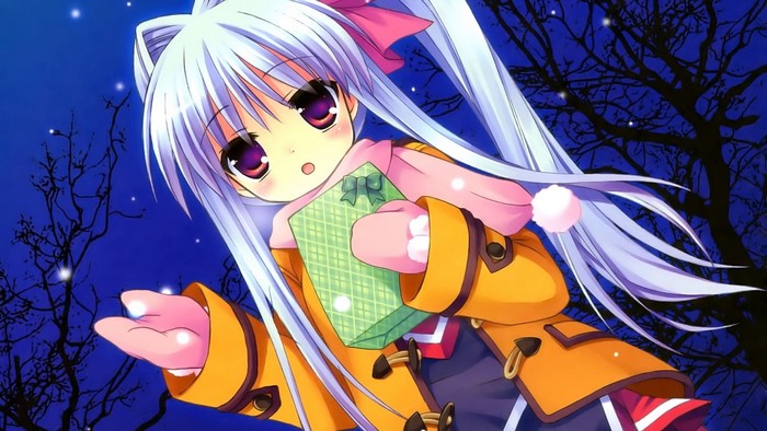 Anime girl with white hair holding a gift