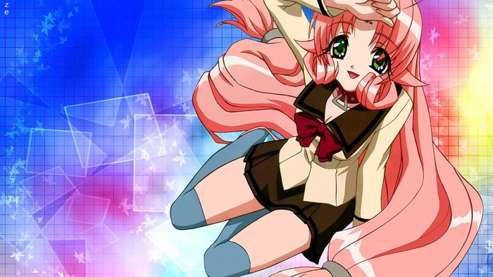 Anime girl with pink hair and green eyes