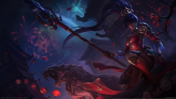 Irelia from League of Legends with a tiger mount