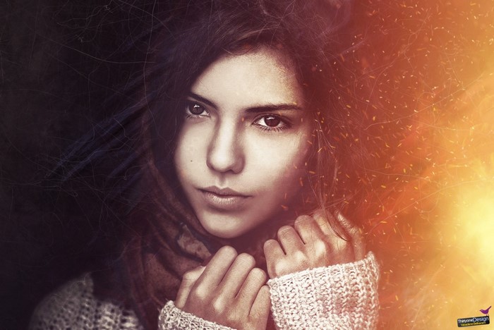 Woman with dark hair and sweater, fire effects