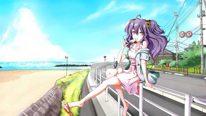 Anime girl with purple hair eating ice cream by the sea