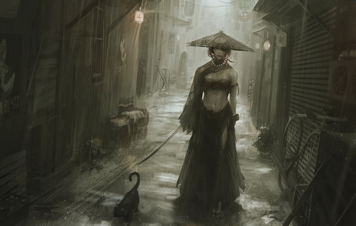 Fantasy girl with katana and cat in rainy alleyway