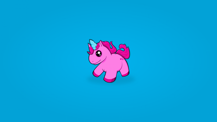 Pink cartoon unicorn with blue horn and pink mane