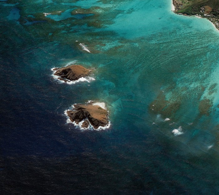 Aerial view of islands and coral reefs