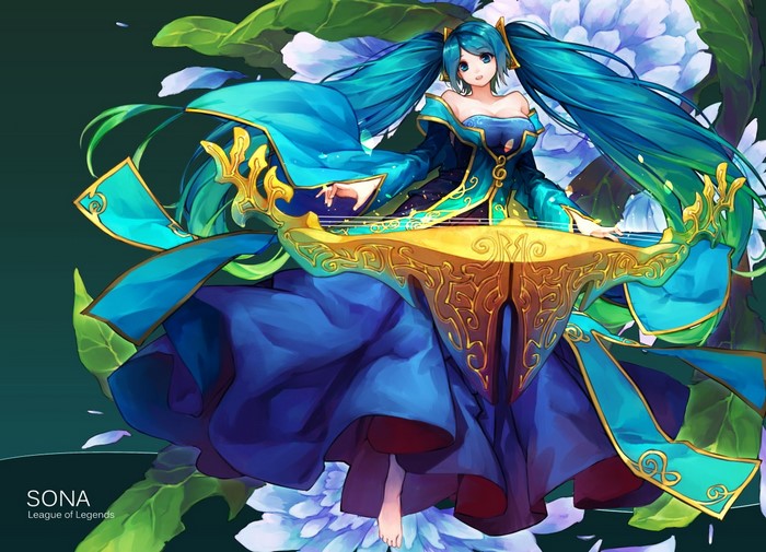 Sona from League of Legends playing a stringed instrument
