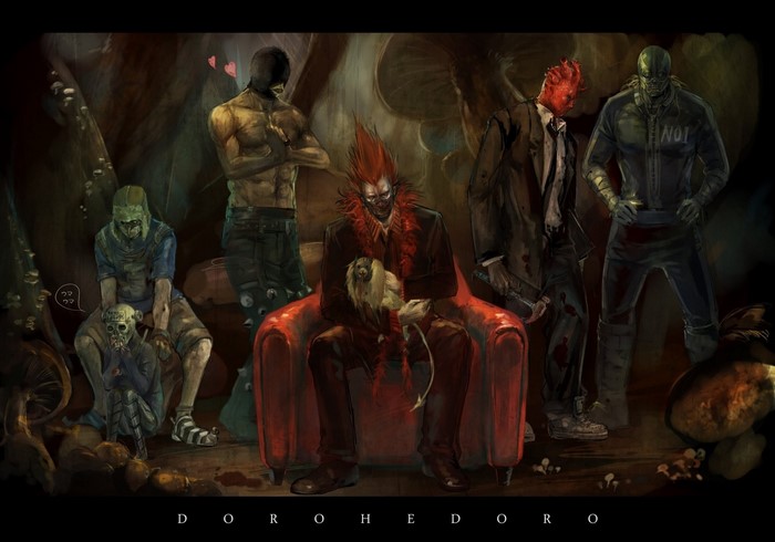 Characters from Dorohedoro in a dark, surreal setting