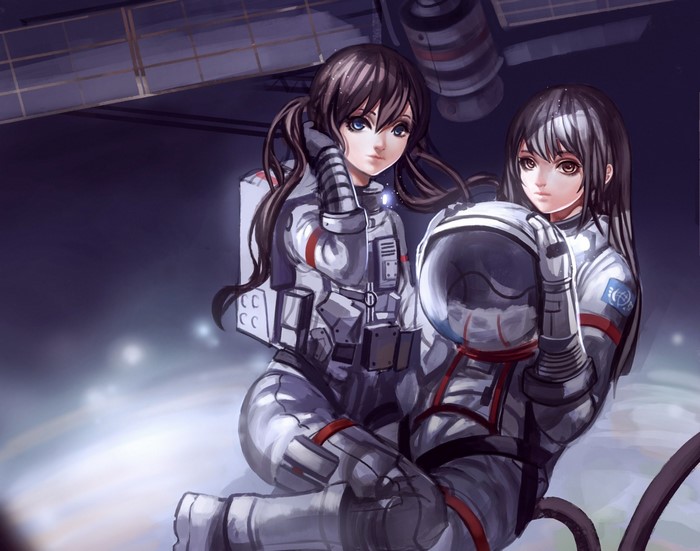 Anime girls in spacesuits in space